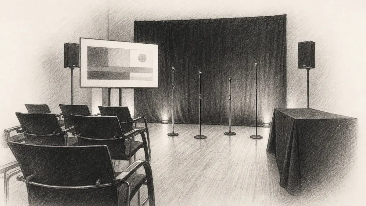 Vue dessinée d'un atelier doublage nettoyé et isolé, sans plateau, avec écran, micros debout, enceintes, assises et poste technique compact